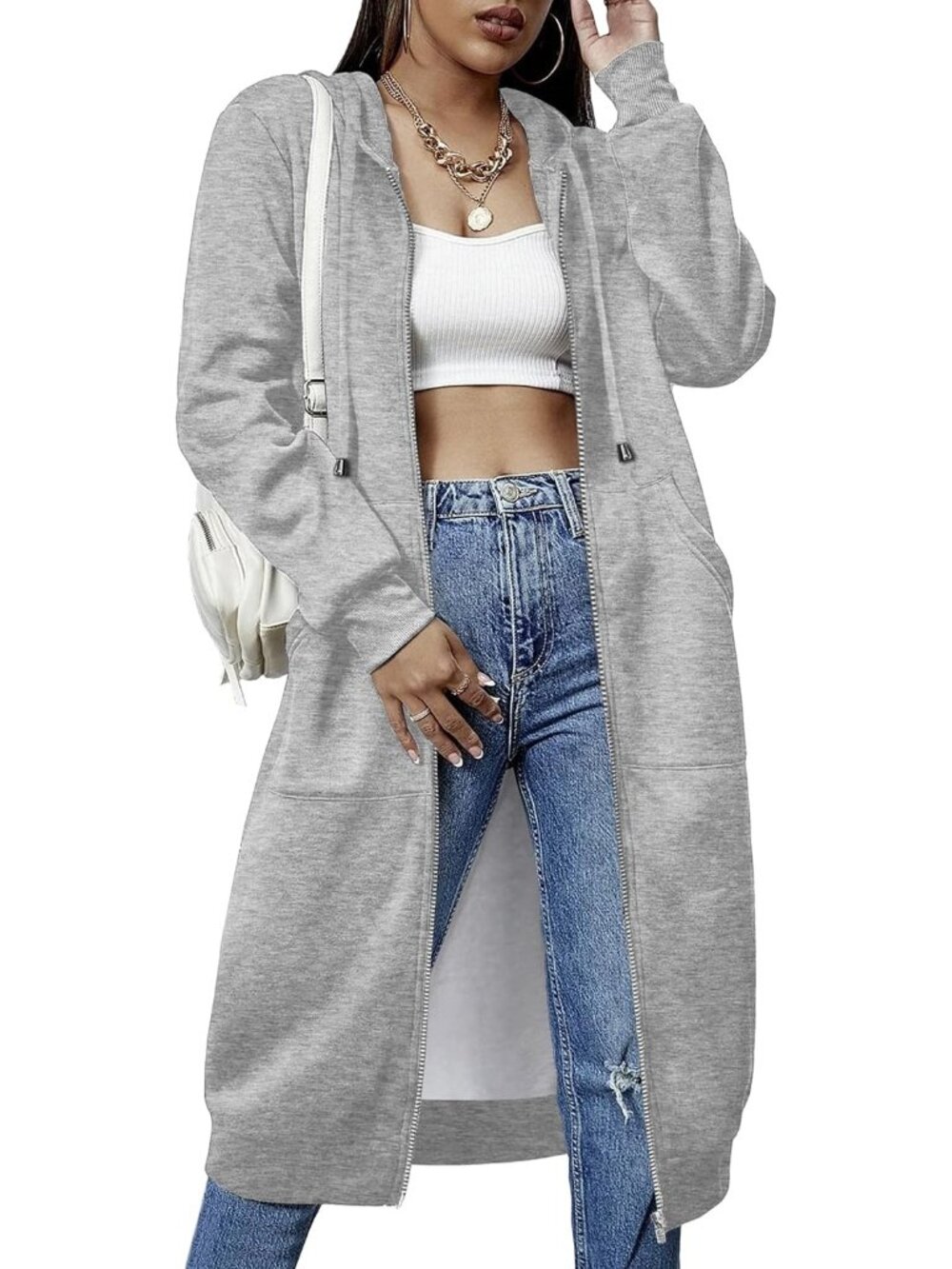 〽️Women's Grey Casual Zip Up Fleece Tunic Oversized Pocket Long Hoodie Jacket